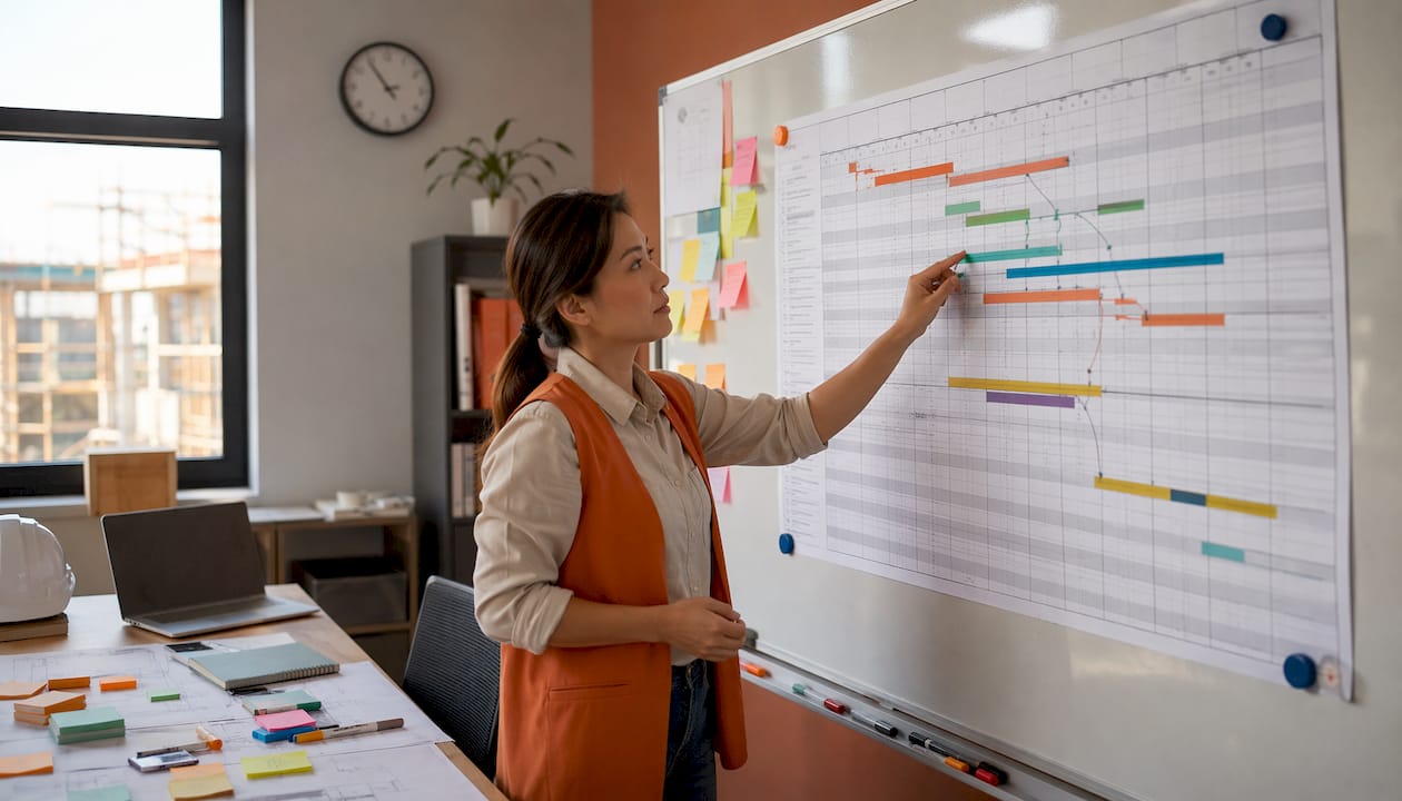 Hands adjusting construction project timeline chart