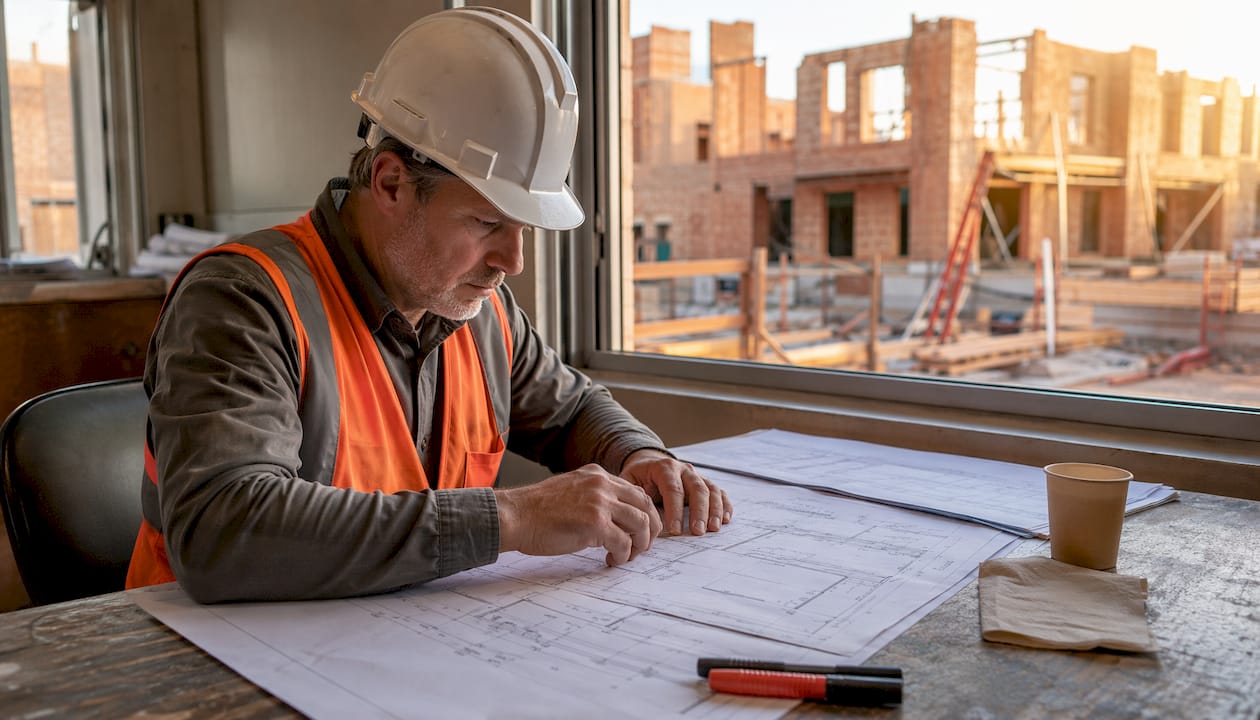 Project manager reviewing blueprints on construction site