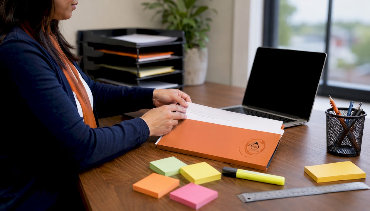 Hands preparing commercial license documents for submission