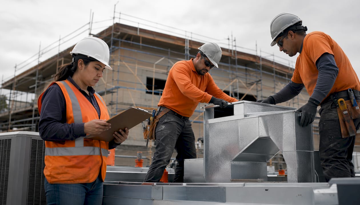 Small construction crew working on VA roof HVAC