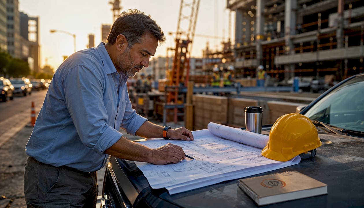 Project manager reviewing blueprints onsite