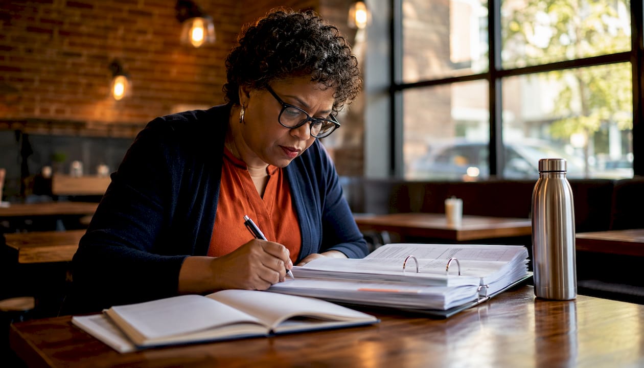 Woman reviewing government contract documents