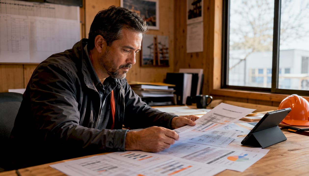 Contractor reviewing CRM comparison documents