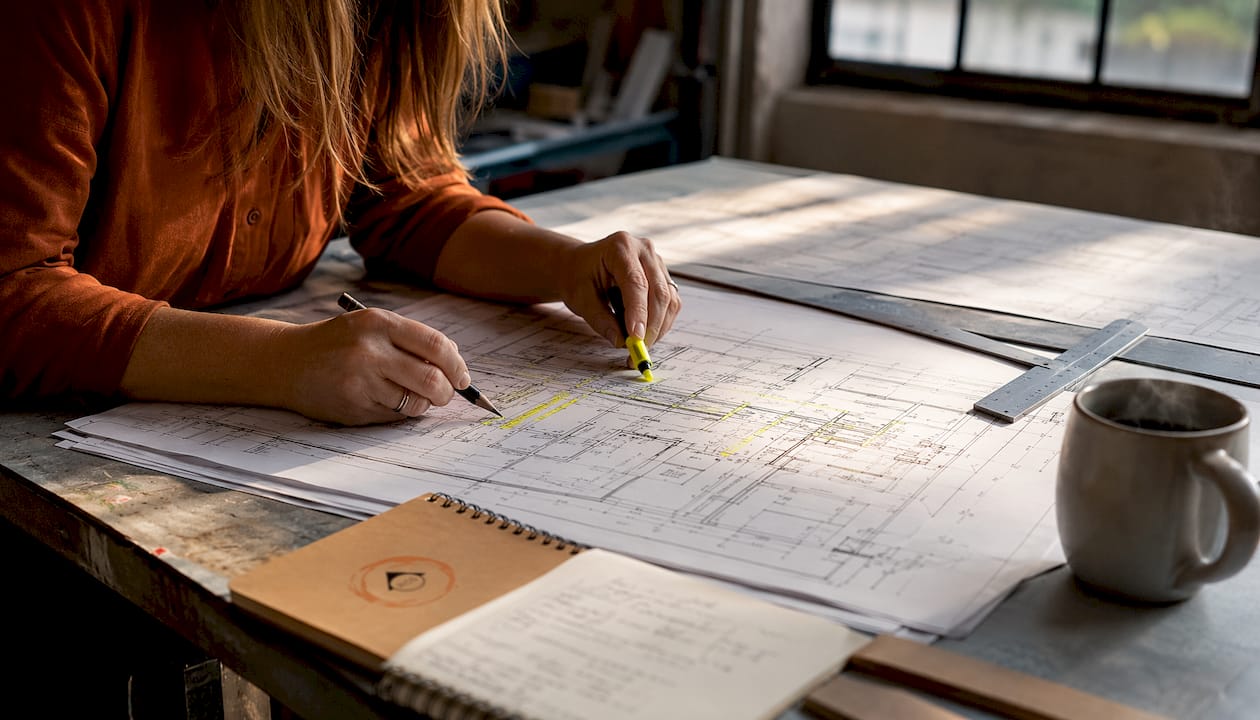 Close-up of hands marking construction blueprints