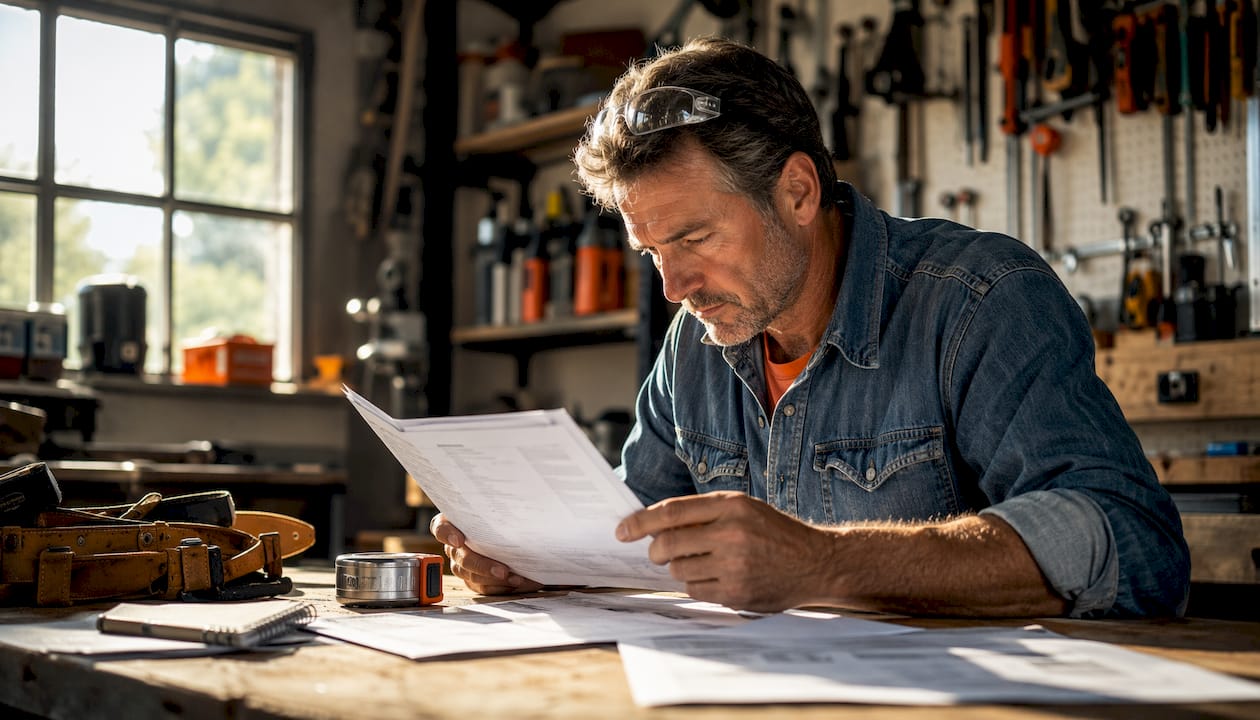 Contractor reviewing printed estimate sheets
