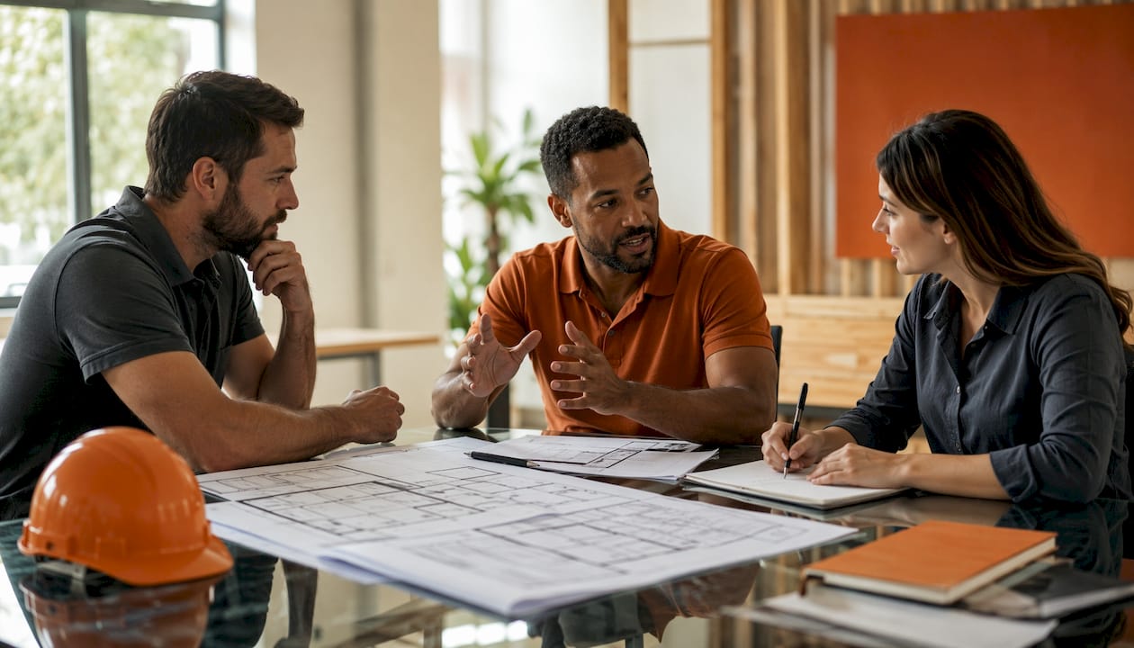 Team discussing estimate template in meeting room