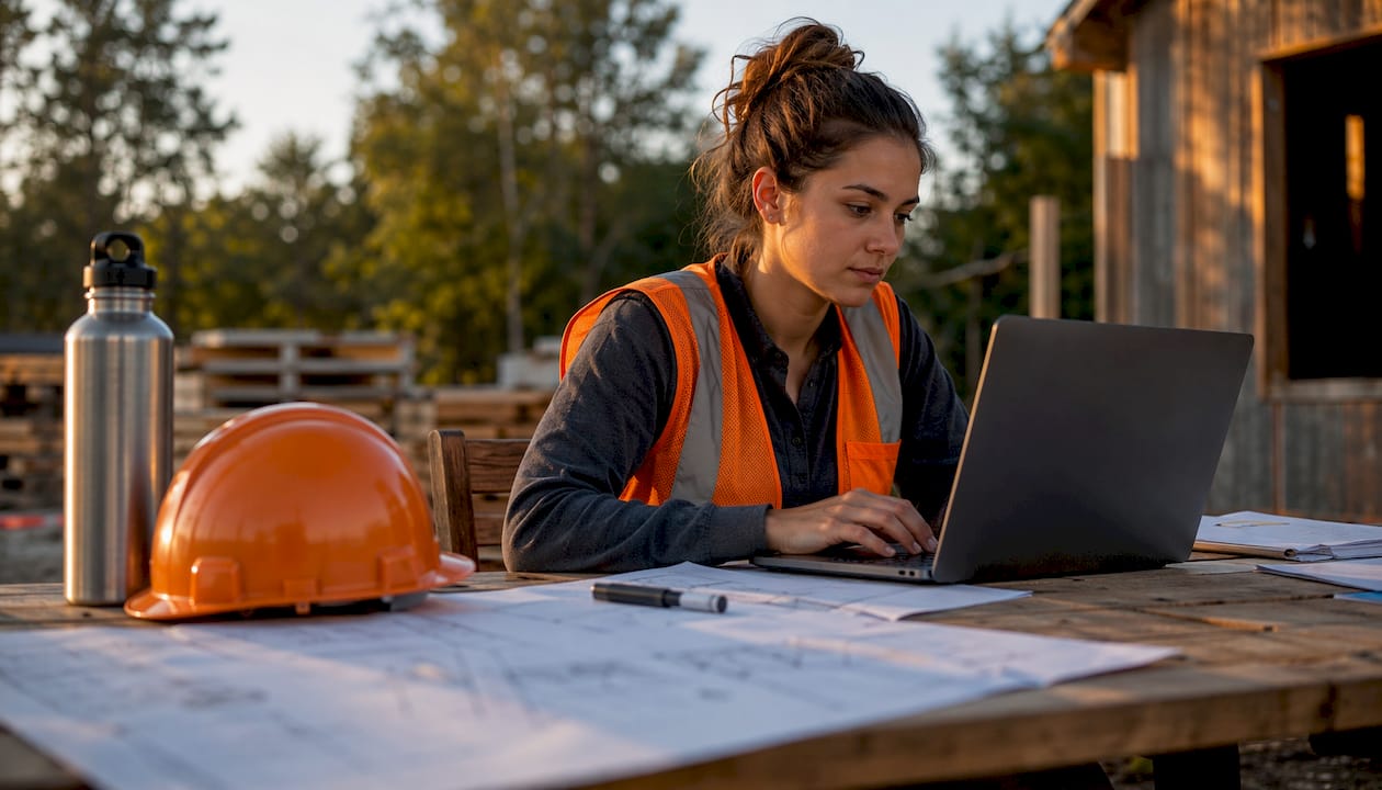 Estimator typing on laptop in construction trailer