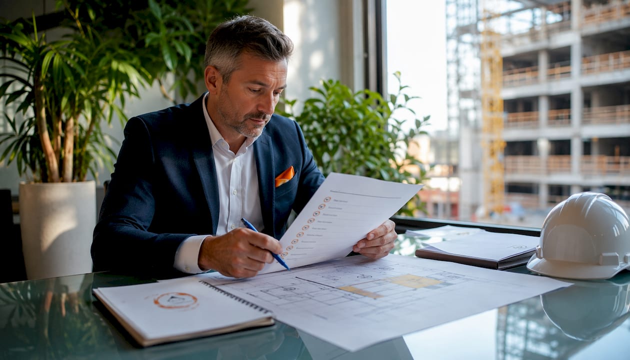 Business owner reviewing hiring timeline checklist in office