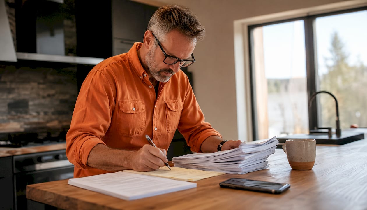 Contractor reviewing automated bid follow-up documents