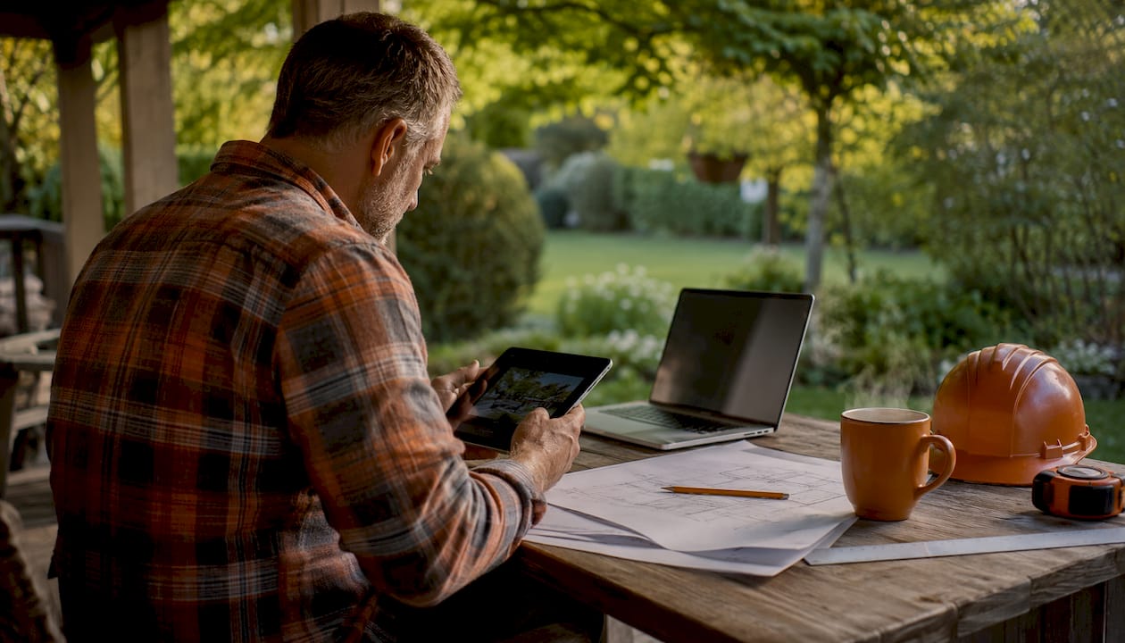 Contractor reviewing local SEO materials at desk