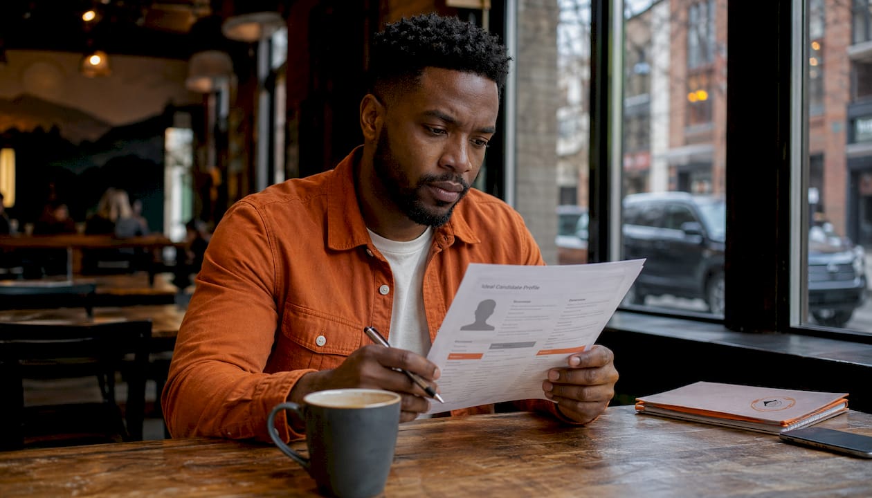 Man reviewing outcome-focused candidate profile