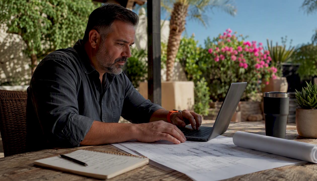 Contractor reviewing bids on laptop