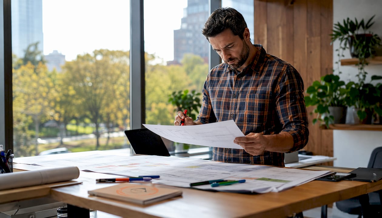 Cost estimator reviewing construction documents