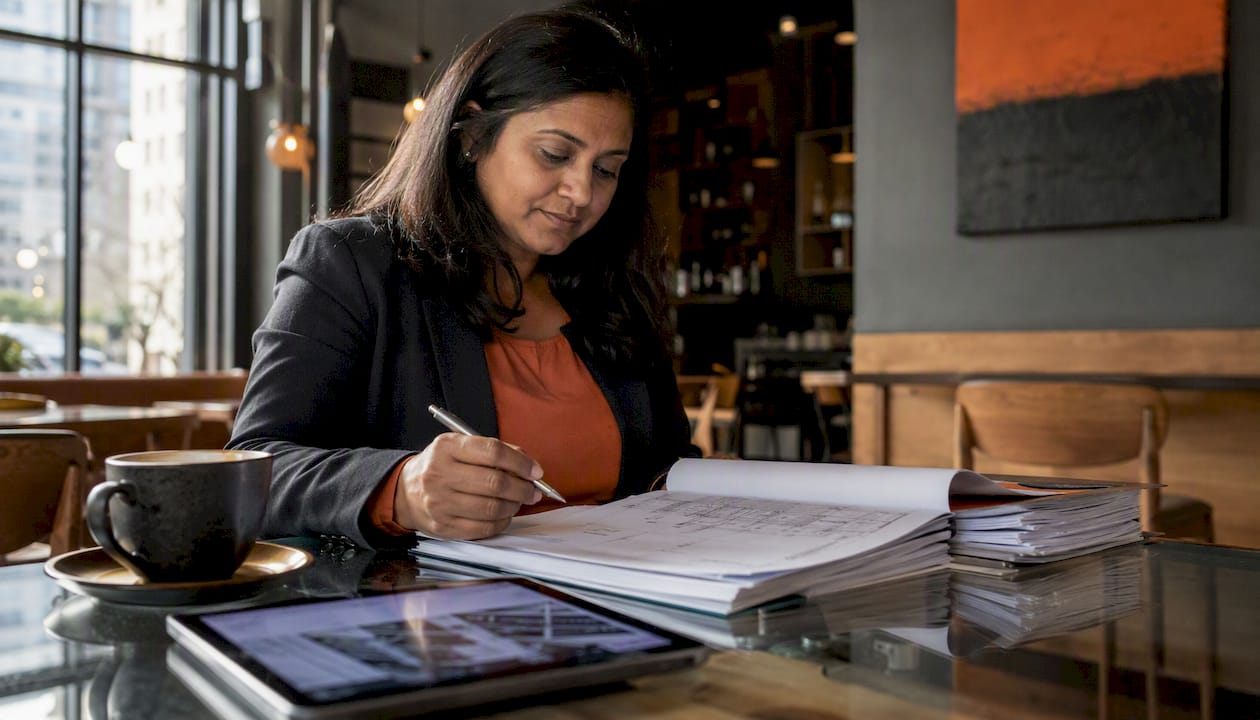 Woman contractor reviewing revenue strategy documents