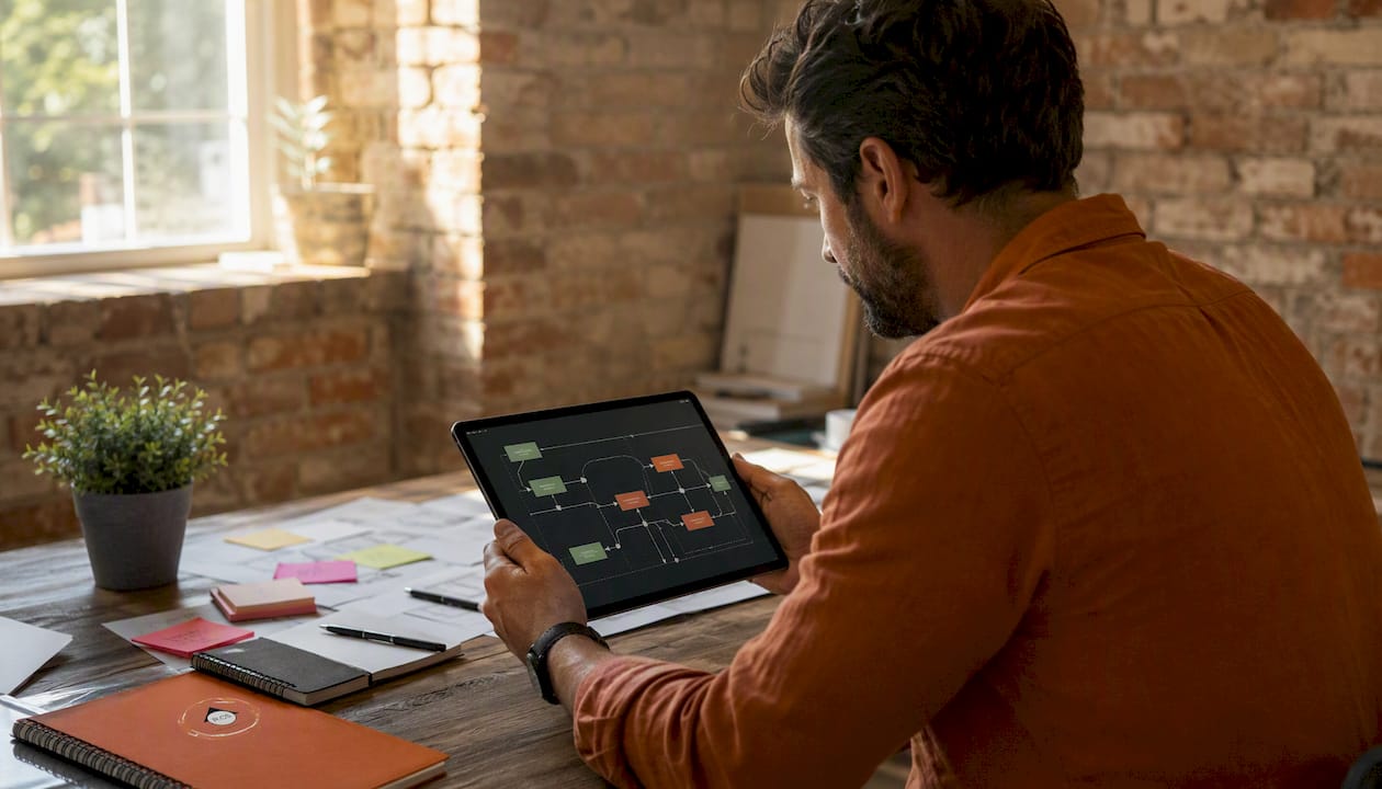 Hands holding tablet with construction data flow