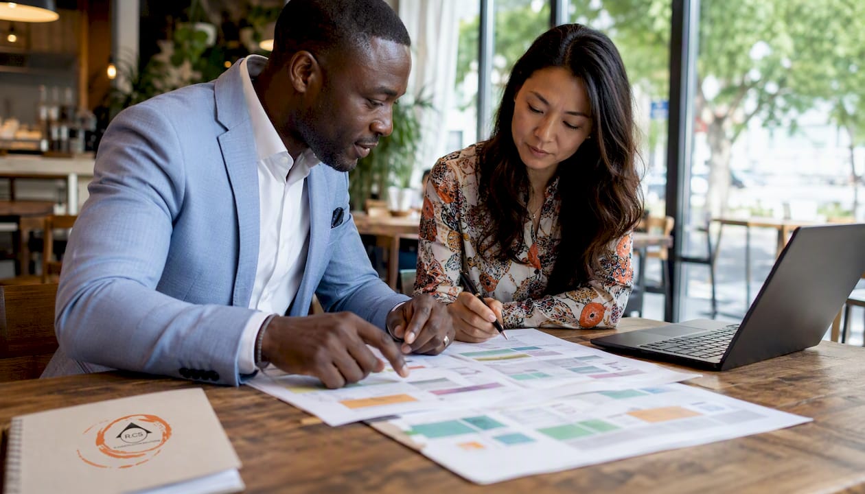 Two professionals discussing workflow checklist