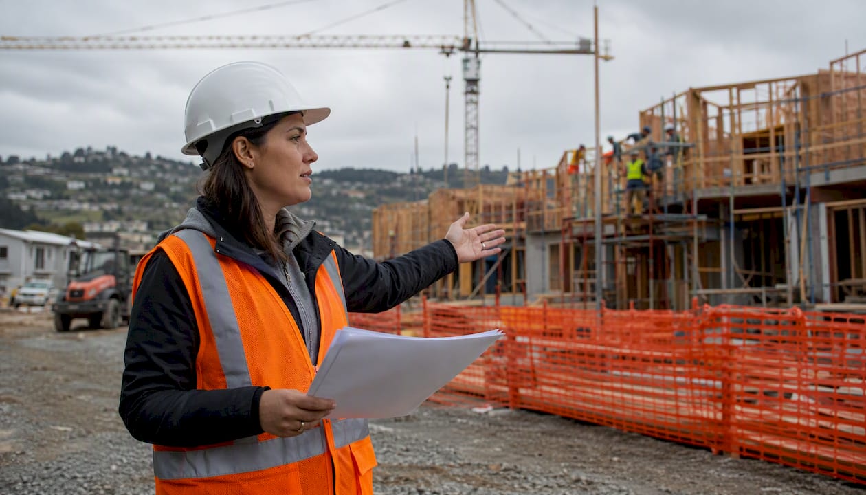 Project manager reviewing checklist at construction site