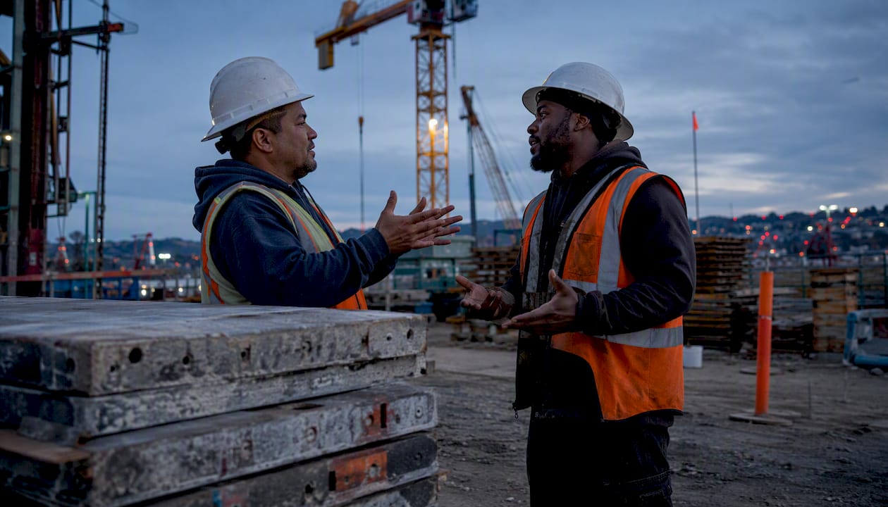 Two construction workers discussing wages outdoors