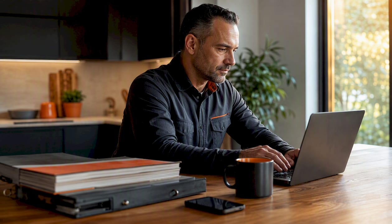 Contractor updating business profile on laptop