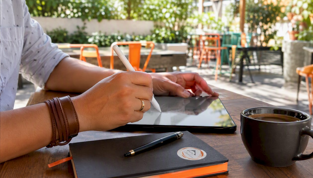 Close-up of hands using tablet for estimating