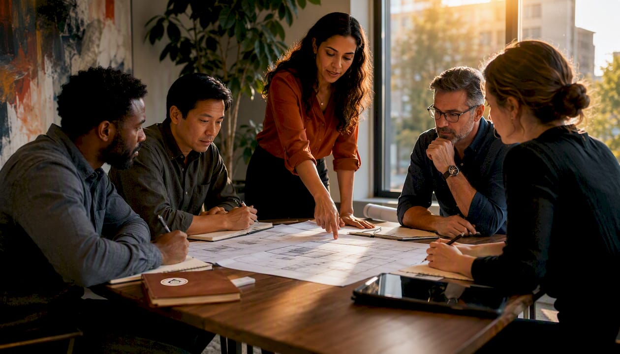 Team meeting reviewing construction code documents