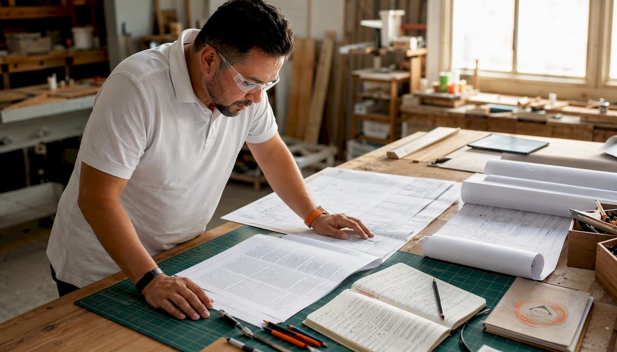Estimator reviewing printed building codes at desk