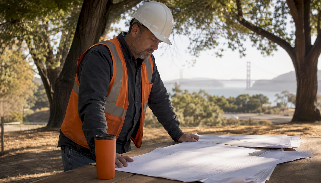 Construction manager reviewing blueprints onsite