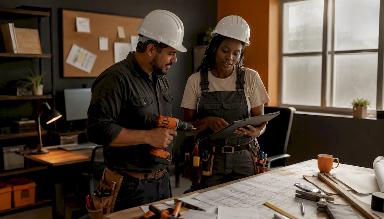 Tradespeople discussing construction on site