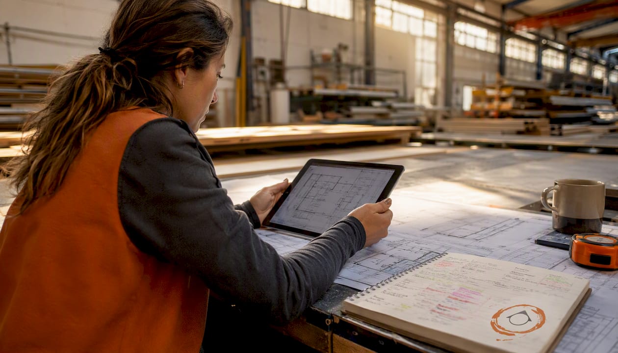 Estimator's hands reviewing construction blueprints on tablet