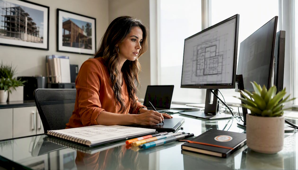 Estimator working on automated takeoff software at desk