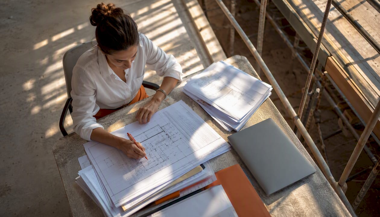 Construction administrator reviewing contract documents