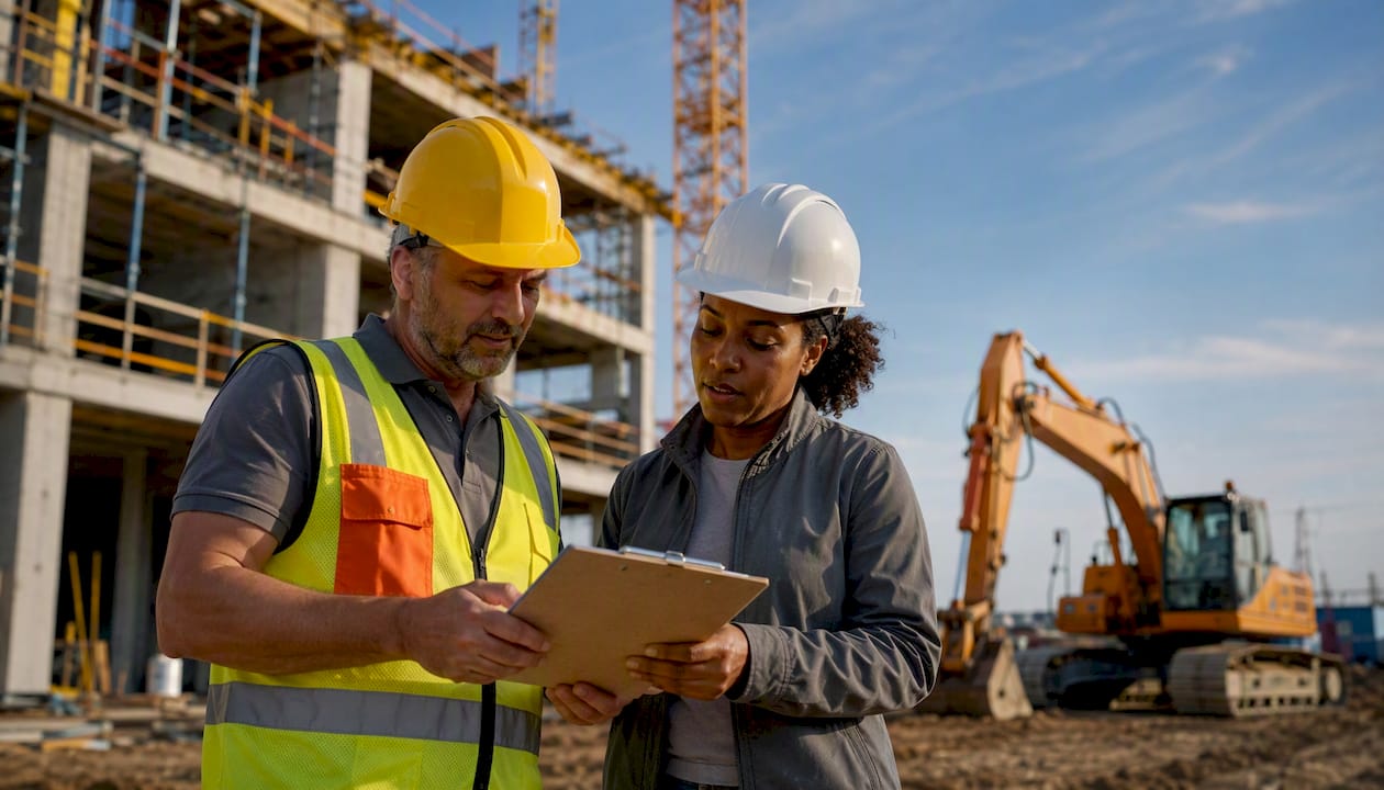 Construction administrators discussing daily tasks on site