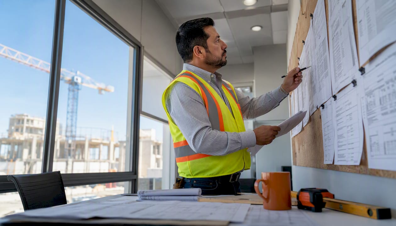 General contractor reviewing product specs and bids at desk