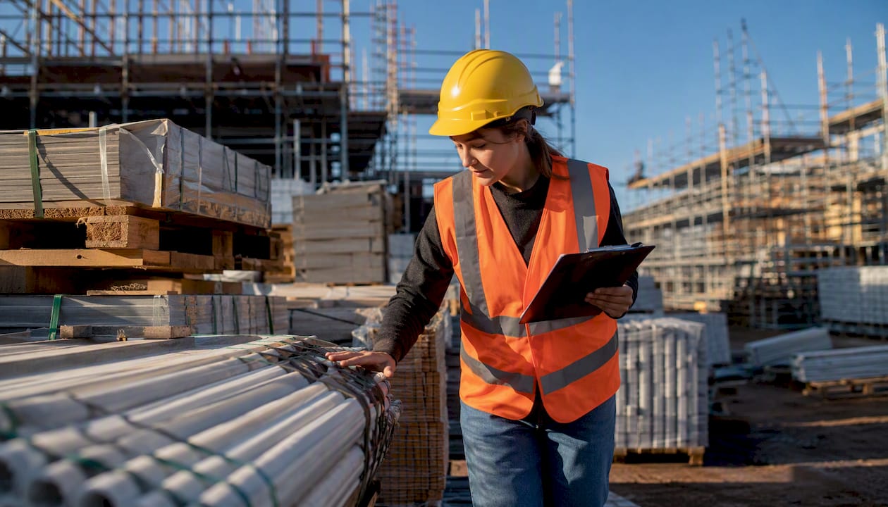 Warehouse worker inspecting construction materials