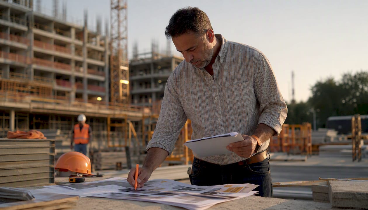 Contractor reviewing supplier catalogs outdoors