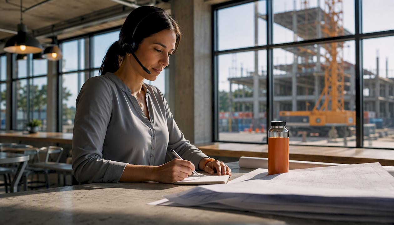 Woman conducting construction staffing intake call