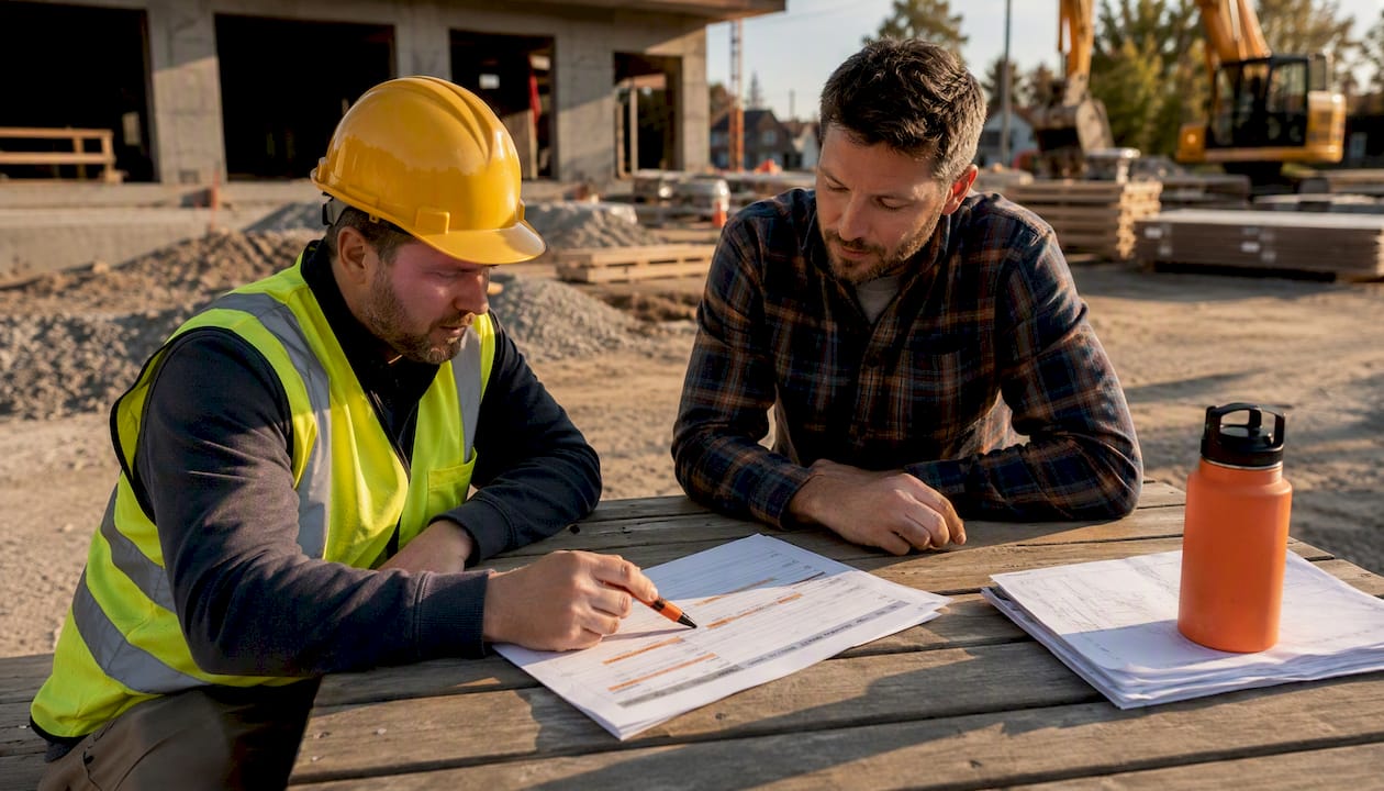 Contractors reviewing project staffing timeline schedule