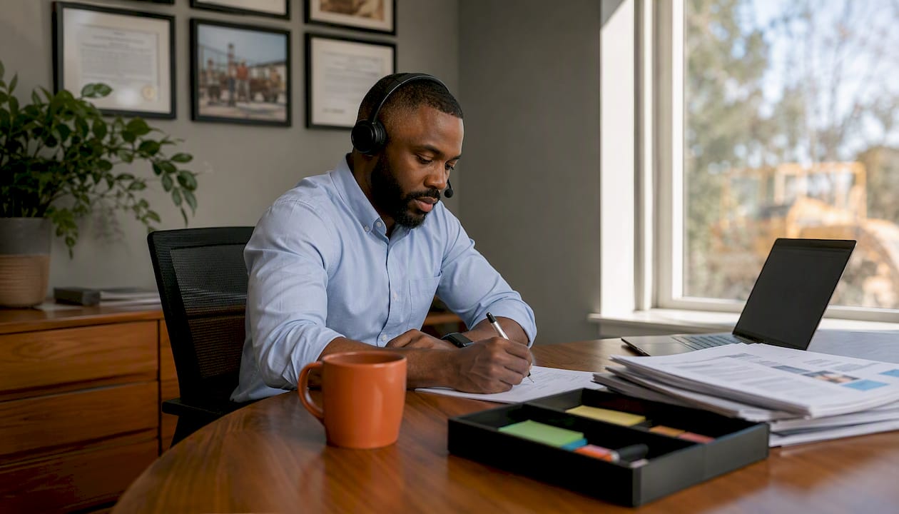 Regional AEC recruiter working at cluttered desk