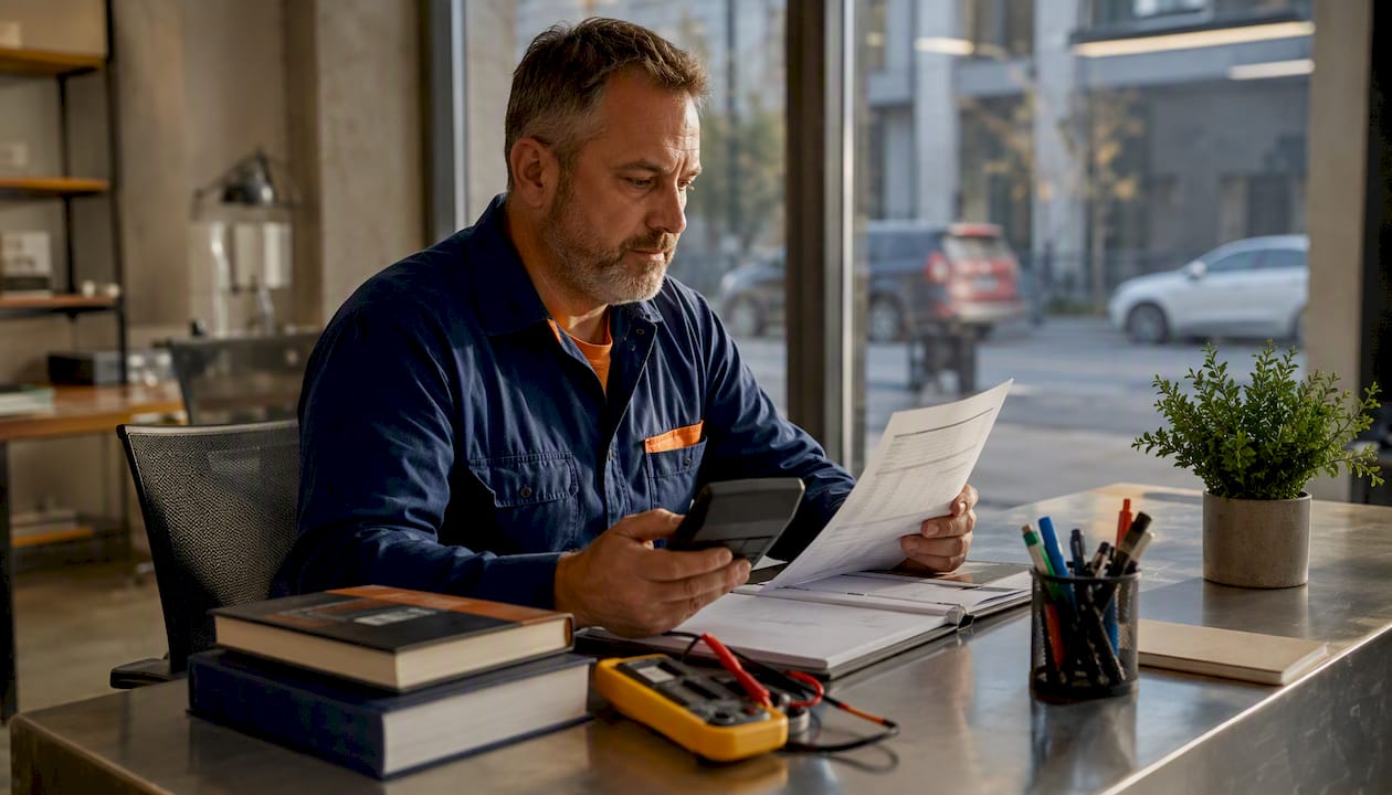 HVAC contractor reviewing printed quote at desk
