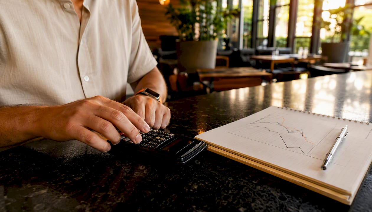 Close-up of hands calculating HVAC pricing formulas