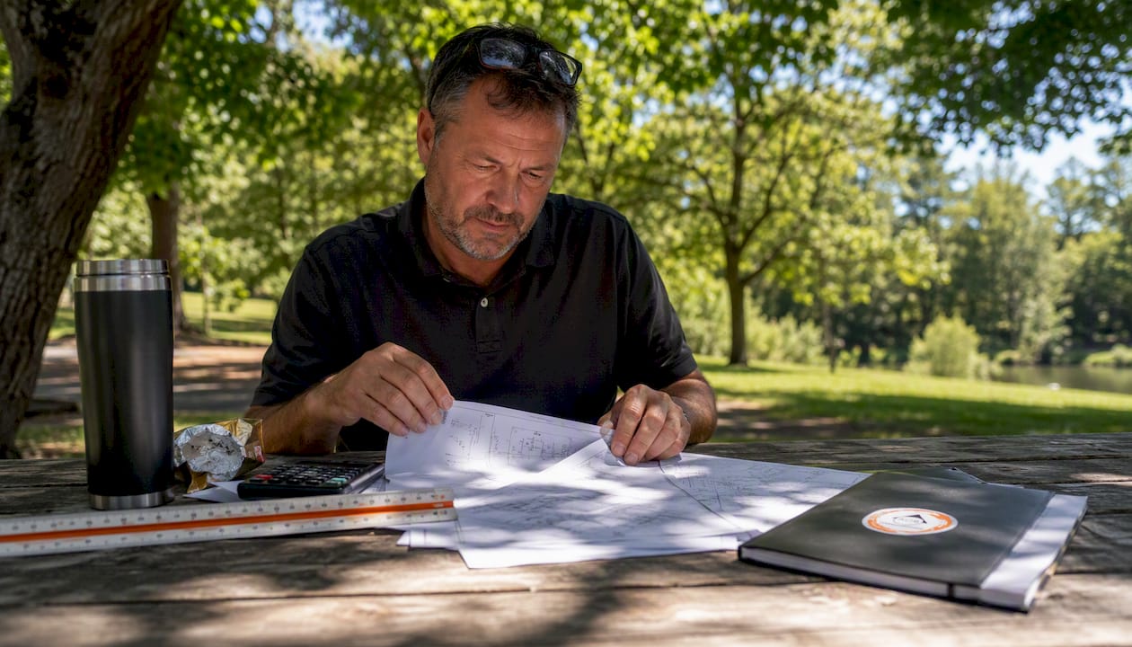 Estimator reviewing commercial electrical drawings