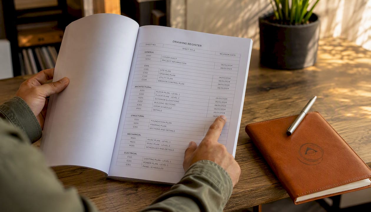 Hands pointing at bid package drawing register