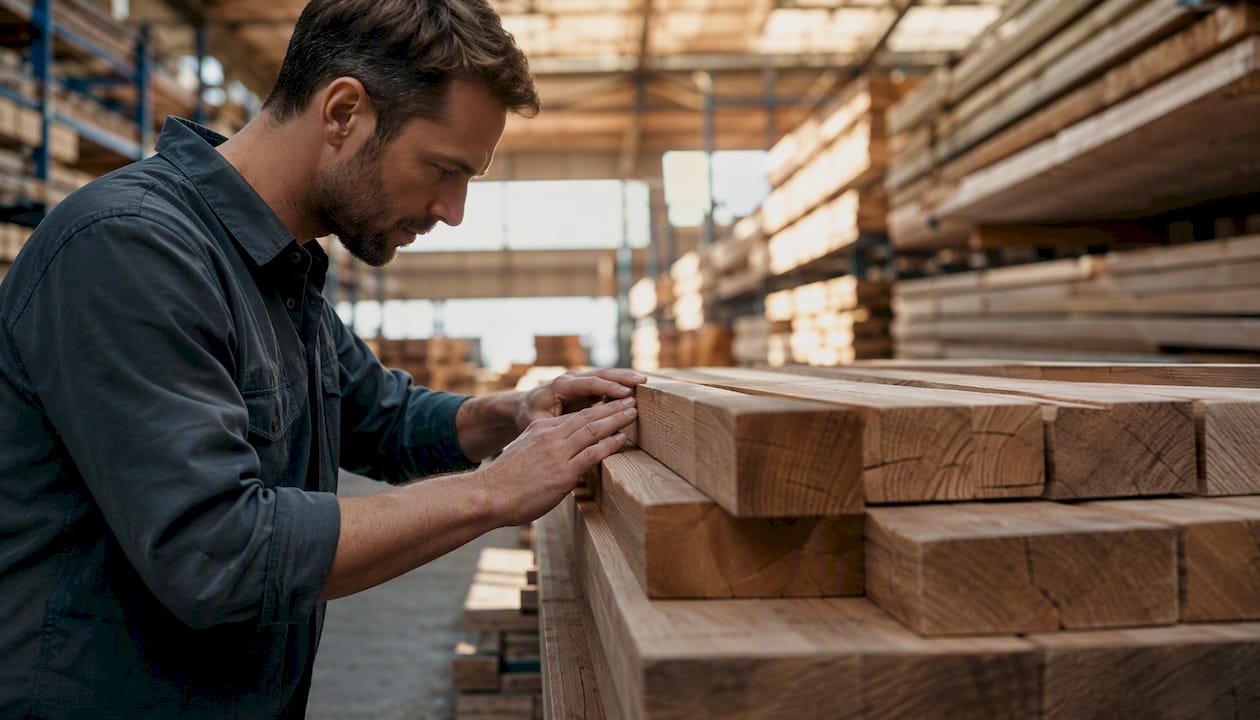 Supplier inspecting lumber boards at yard