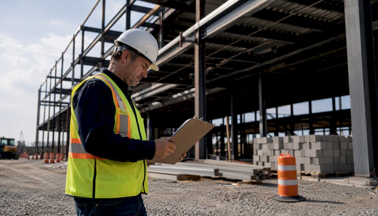 Construction manager reviewing staffing at job site