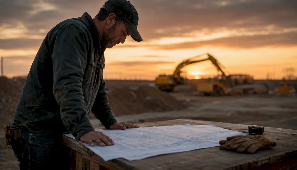 Contractor examining blueprint at construction site