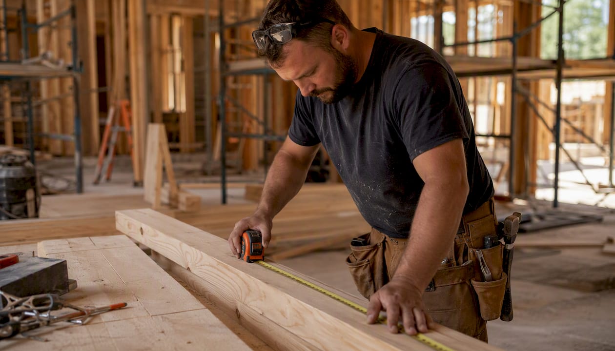 Worker measuring lumber for framing