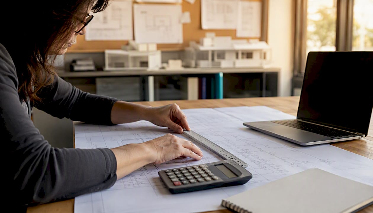 Hands measuring blueprint with calculator nearby