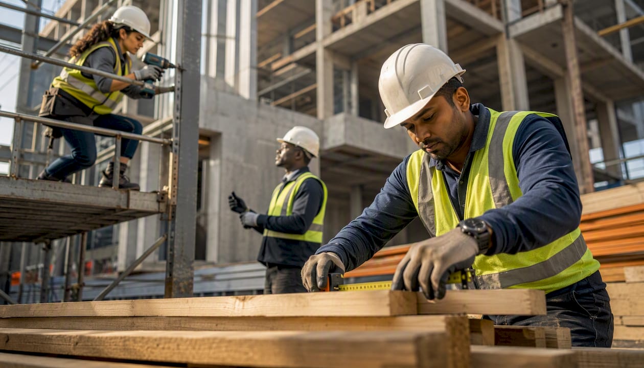 Diverse construction crew working on site