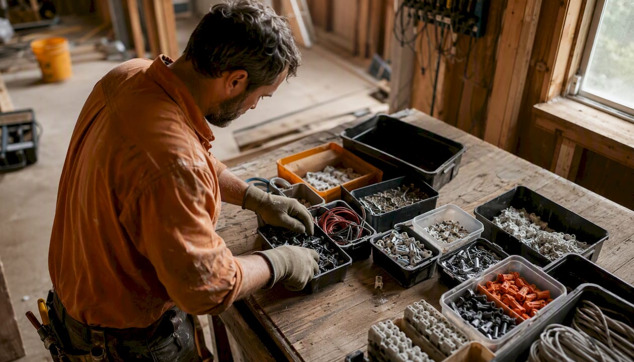 Electrician contractor sorting wiring parts