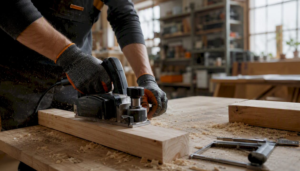 Hands using power tool in specialty construction